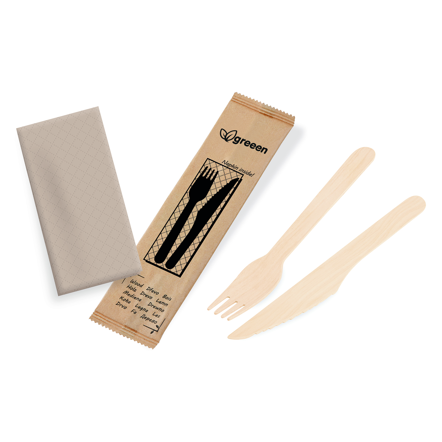 Besteckset (aus Holz FSC 100%) Messer-Gabel+Serviette Besteckset (aus Holz FSC 100%) Messer-Gabel+Serviette