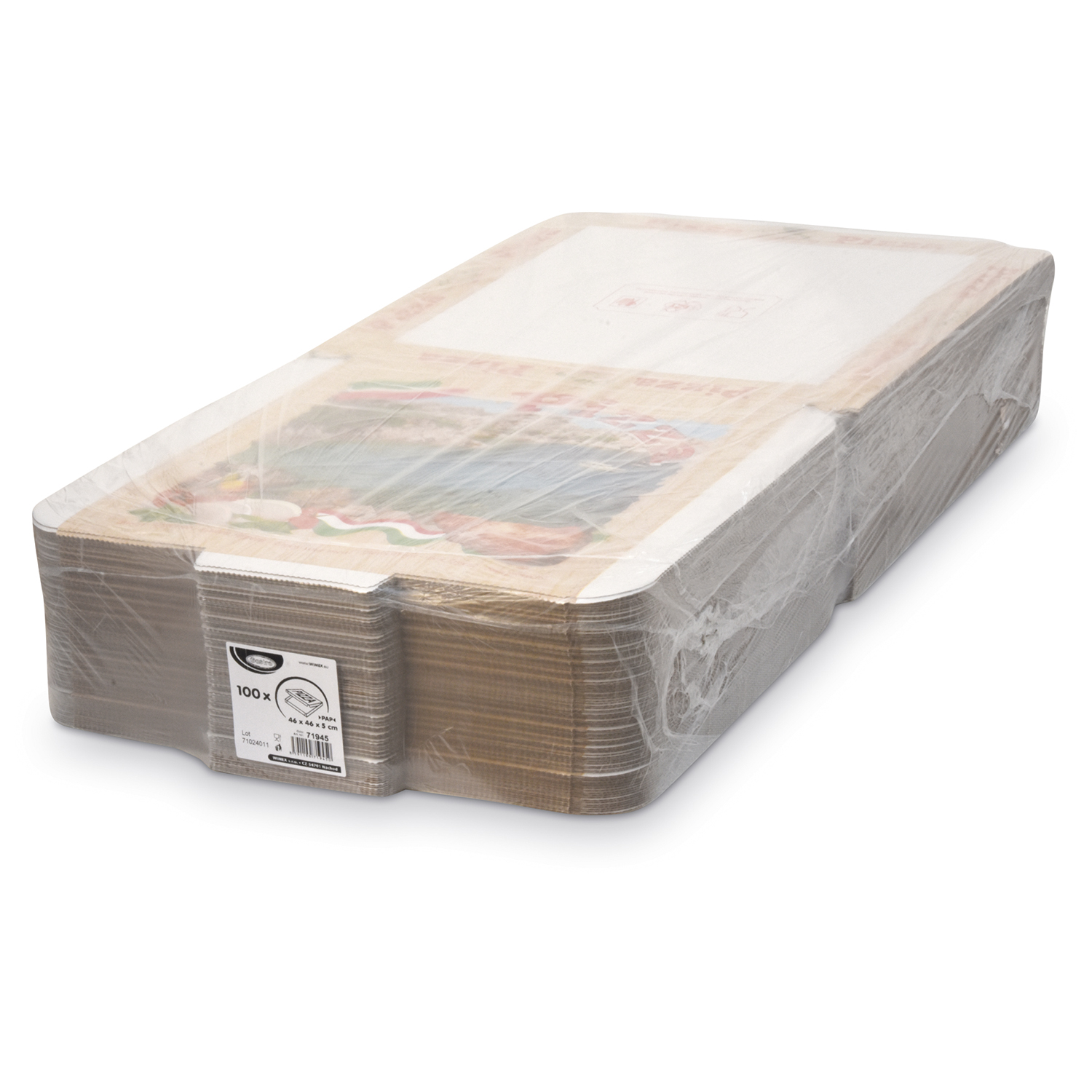 Pizzakarton aus Mikrowellpappe, weiss bedruckt, 46 x 46 x 5 cm, Packung mit 100 Stück