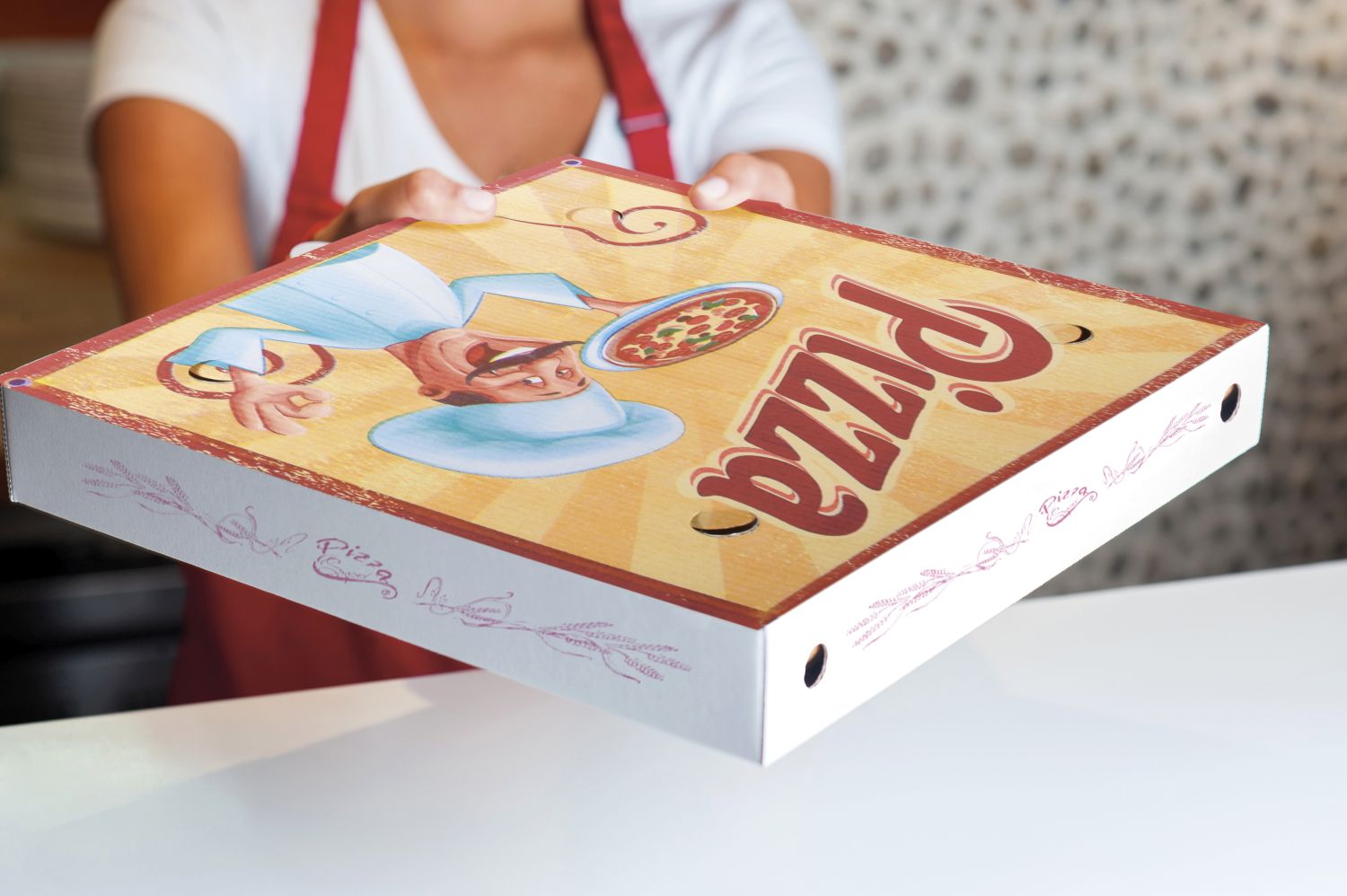Pizzakarton aus Mikrowellpappe weiss bedruckt, 29,5 x 29,5 x 3 cm, Packung mit 100 Stück