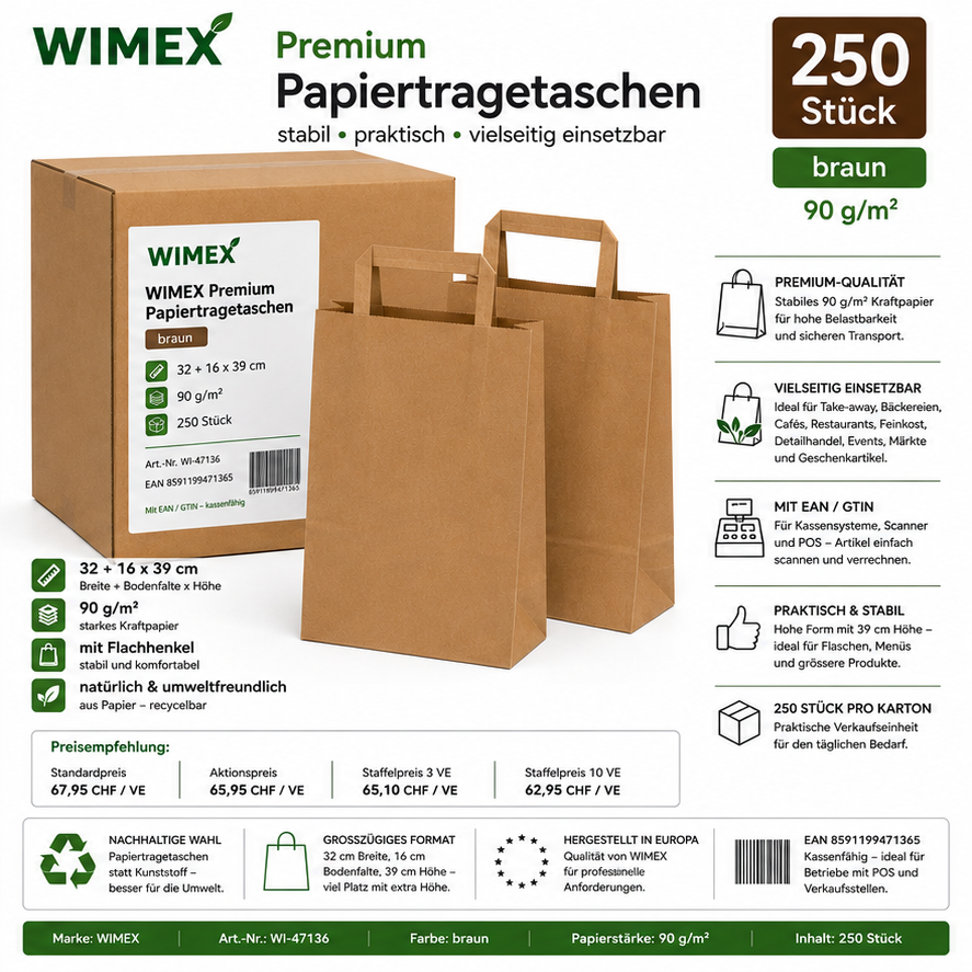 Papiertragetasche braun 32+16 x 39 cm, Packung mit 250 Stück