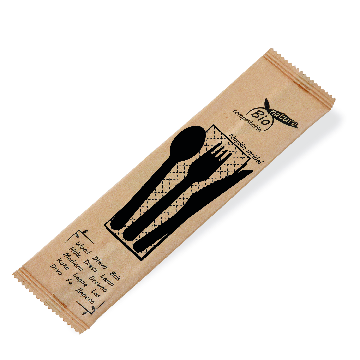 Besteckset aus Holz FSC 100% mit Serviette, 50 Set