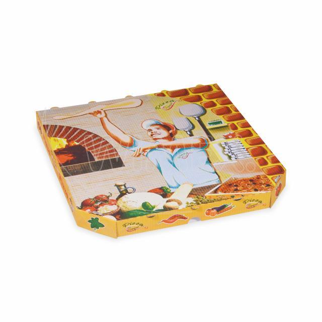 Pizzakarton aus Mikrowellpappe E6 weiss bedruckt 32 x 32 x 3 cm, Packung mit 100 Stück
