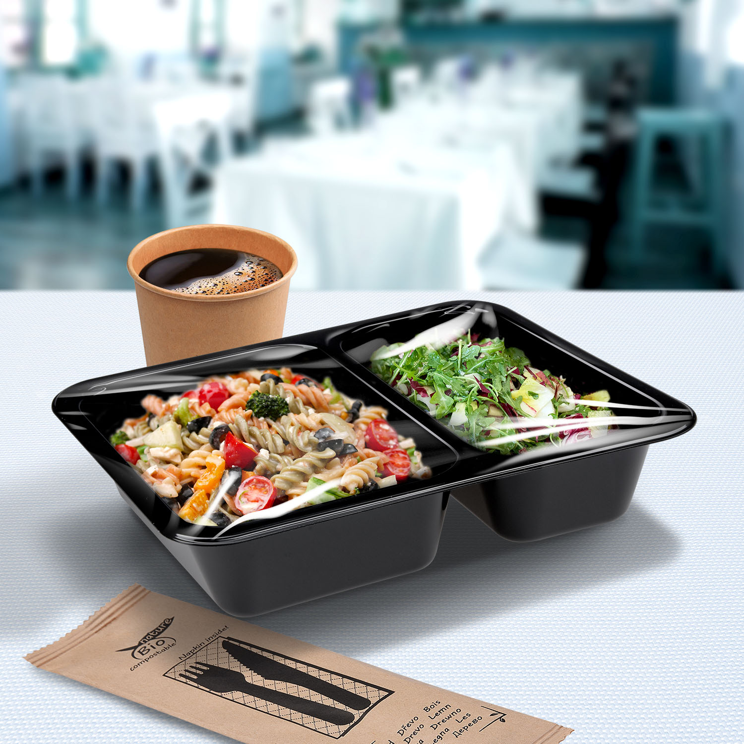 Menüschale PP schwarz, 2-geteilt, 227 x 178 x 49 mm, Packung mit 50 Stück