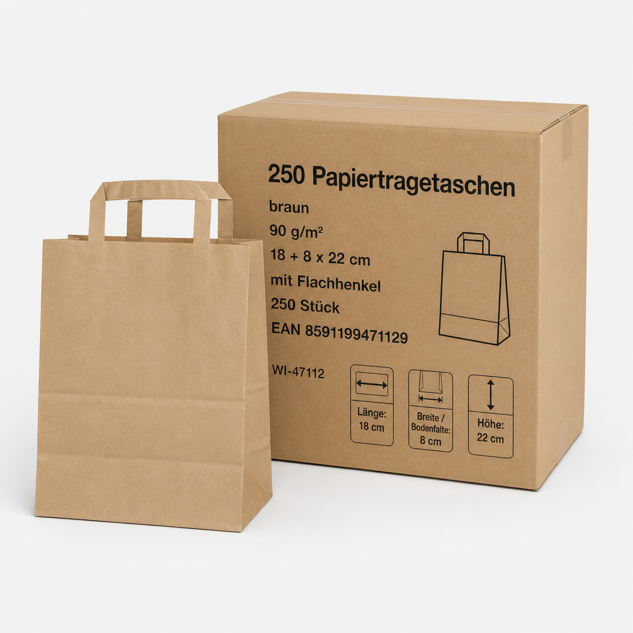 Papiertragetasche braun 18+8 x 22 cm, Packung mit 250 Stück