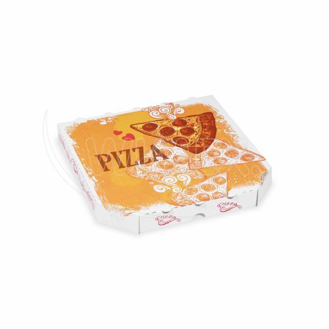 Pizzakarton aus Mikrowellpappe weiss bedruckt 26 x 26 x 3 cm, Packung mit 100 Stück