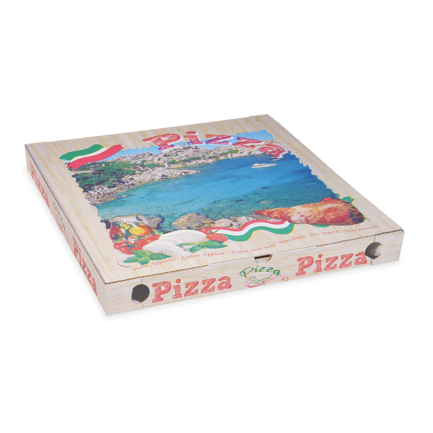 Pizzakarton aus Mikrowellpappe, weiss bedruckt, 46 x 46 x 5 cm, Packung mit 100 Stück