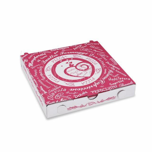 Pizzakarton aus Papier 20 x 20 x 3 cm weiss bedruckt, Packung mit 100 Stück