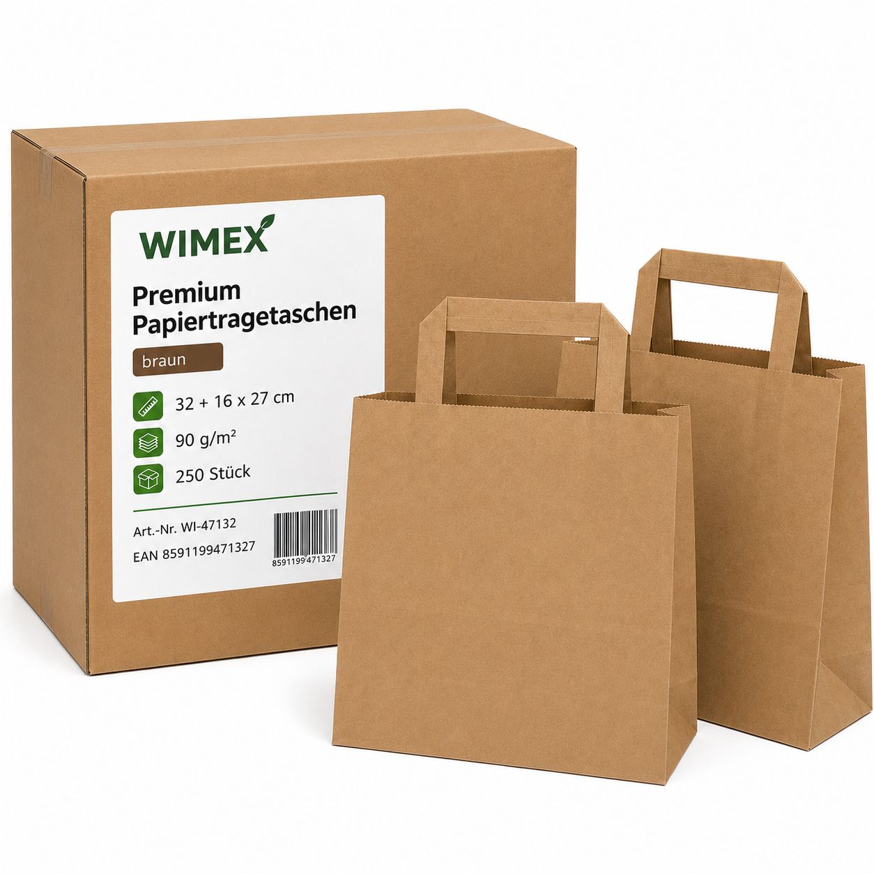 Papiertragetasche braun 32+16 x 27 cm, Packung mit 250 Stück