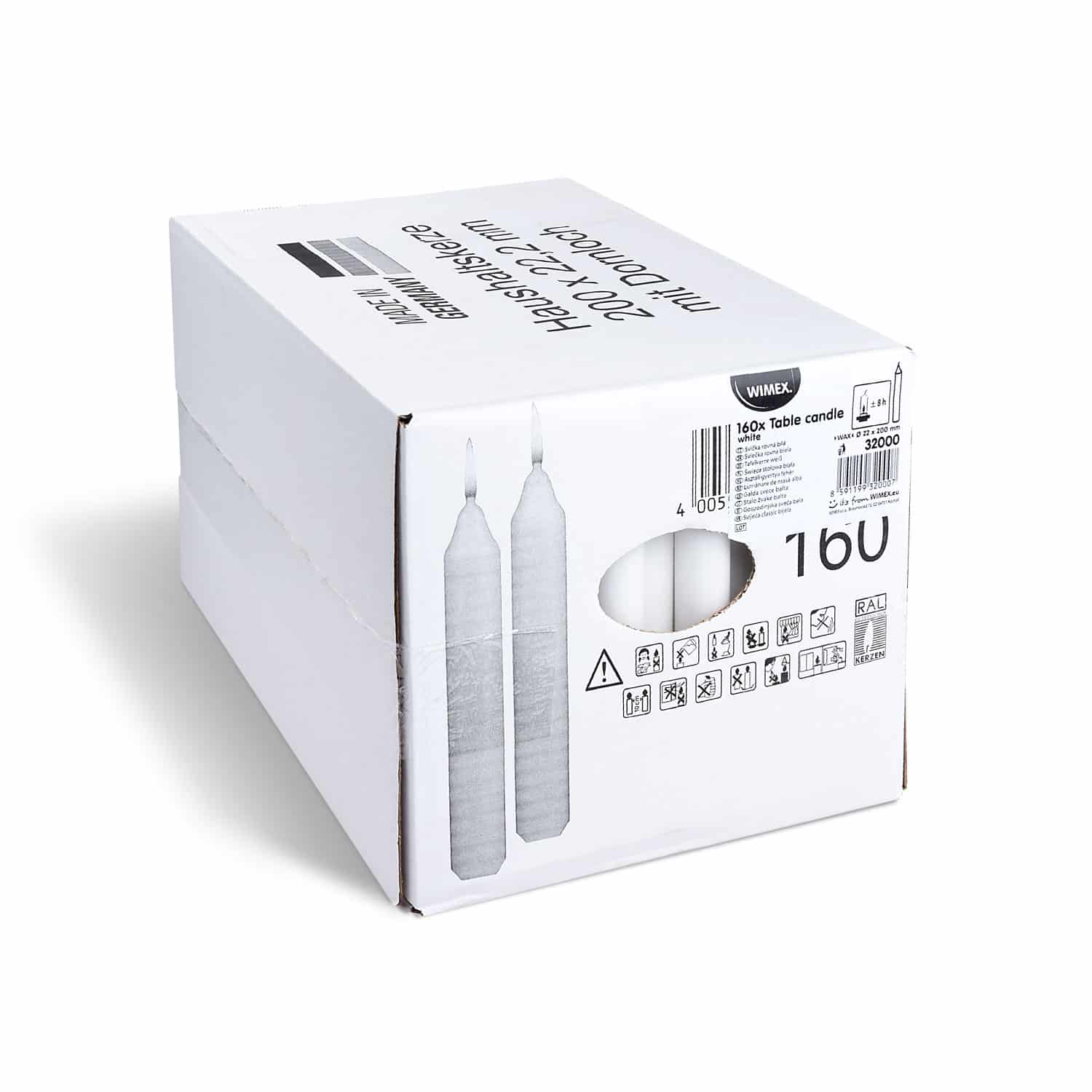 Tafelkerze aus Wachs weiss Ø 22 x 200 mm, ca. 8 Std., Packung mit 160 Stück