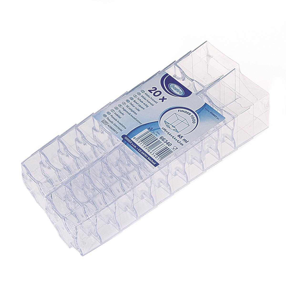 Fingerfood-Becher (PS) eckig glasklar 44 x 44 x 43 mm 65ml Fingerfood-Becher (PS) eckig glasklar 44 x 44 x 43 mm 65ml