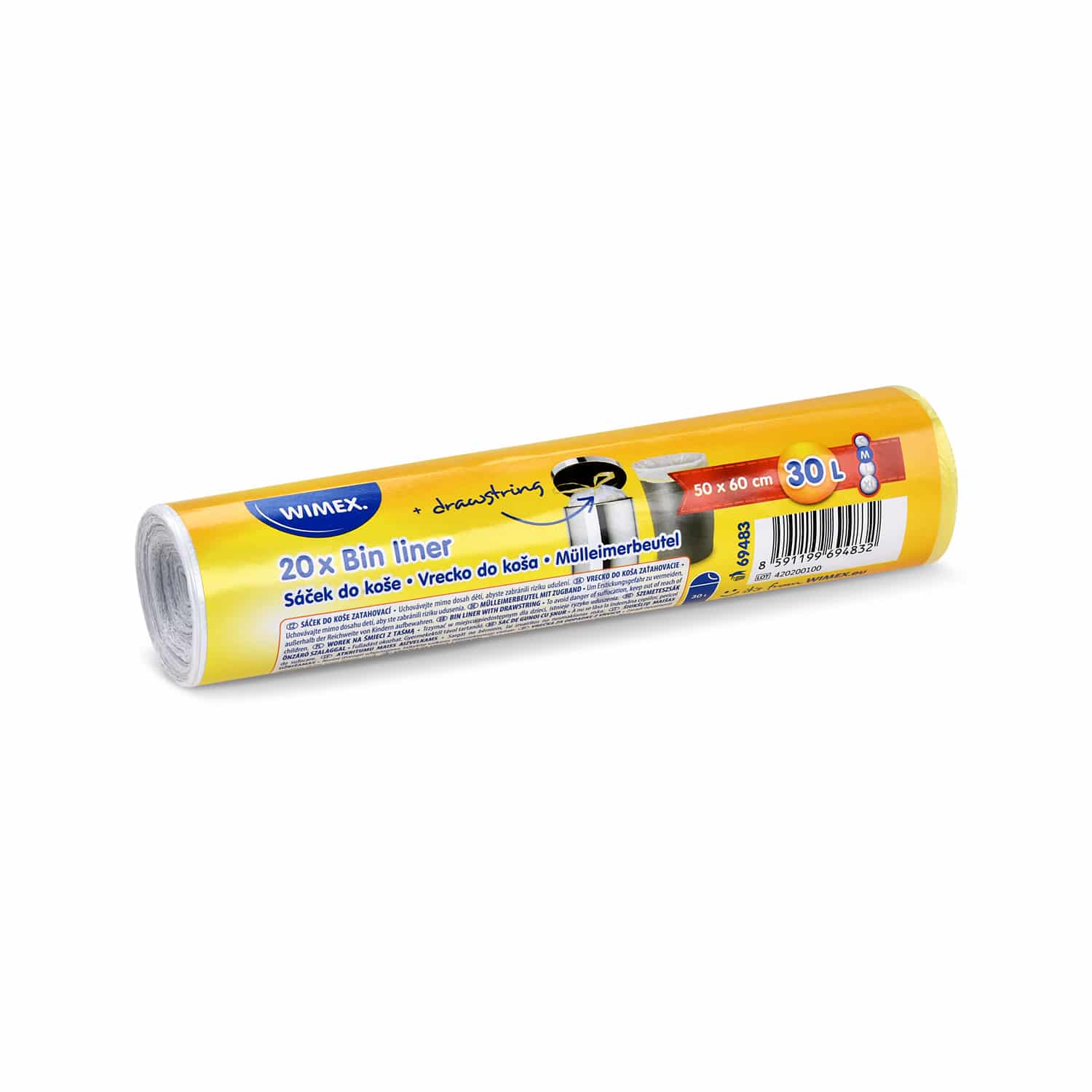 Mülleimerbeutel HDPE mit Zugband weiss 50 x 60 cm, 30 L, Packung mit 20 Stück