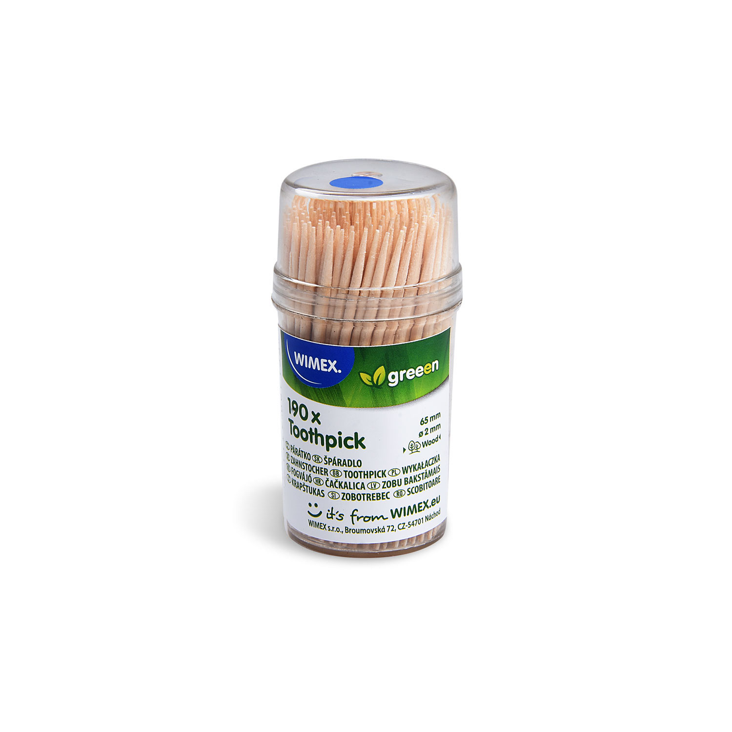 Zahnstocher aus Holz FSC 100% Ø 2 x 65 mm im Behälter, Packung mit 190 Stück