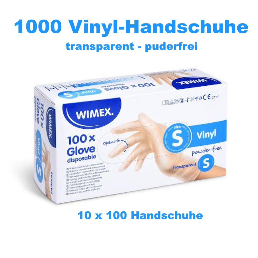 Vinyl-Handschuh transparent, ungepudert, Grösse S, Karton à 10 Packungen / 1000 Stück