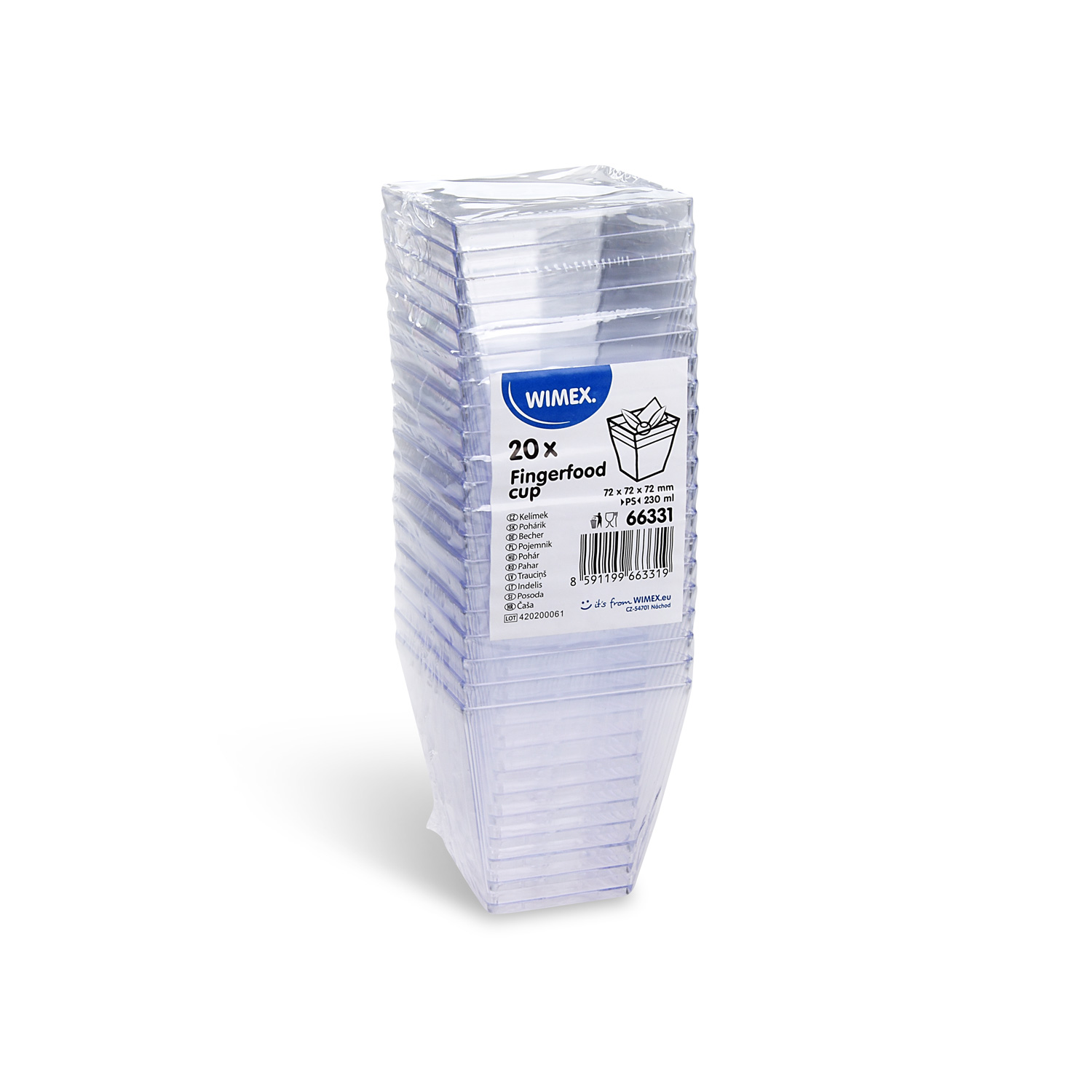 Fingerfood-Becher PS glasklar, eckig, 230 ml, 72 x 72 x 72 mm, Packung mit 20 Stück
