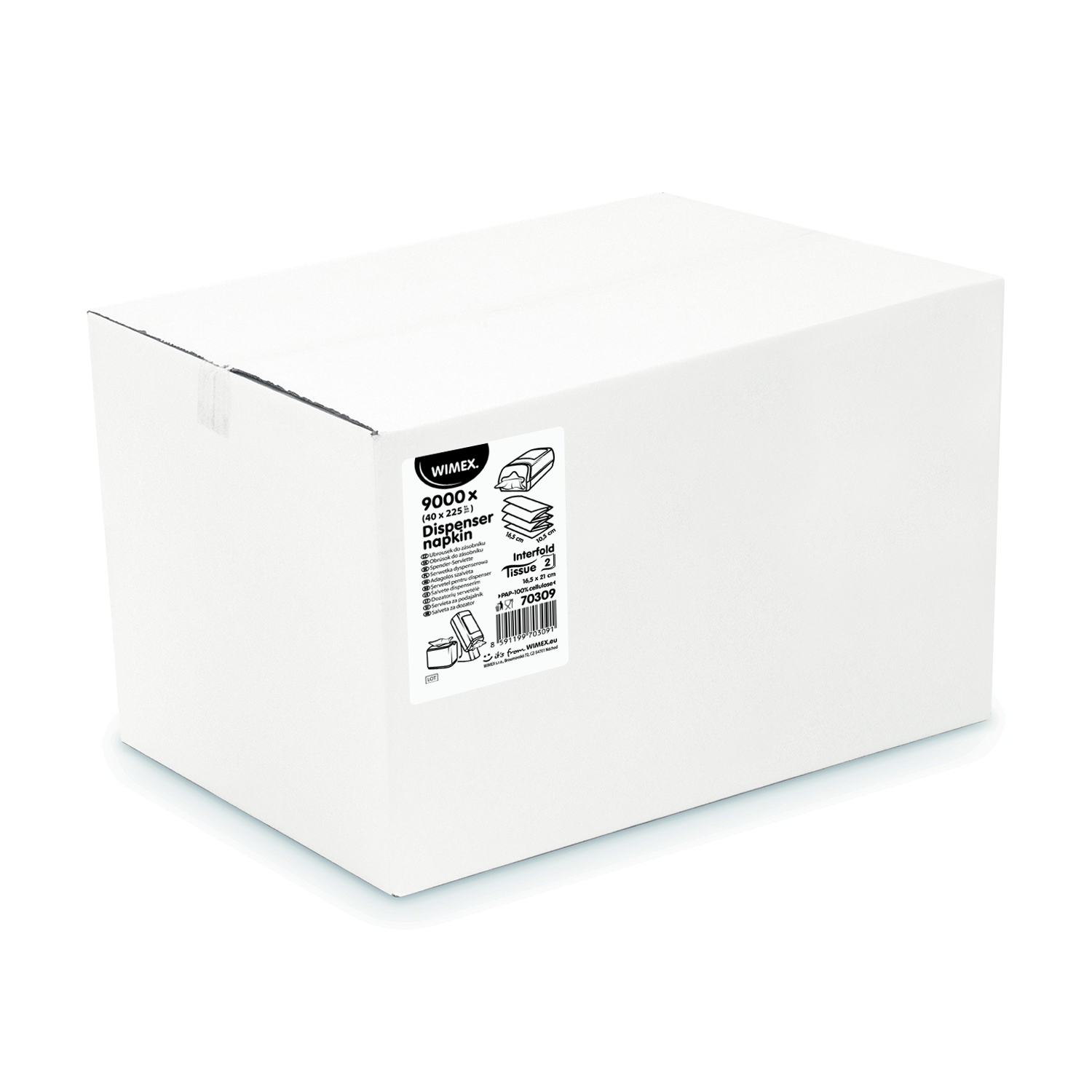 Spender-Serviette aus Papier 21 x 16,5 cm weiss 2-lagig, Packung mit 9000 Stück