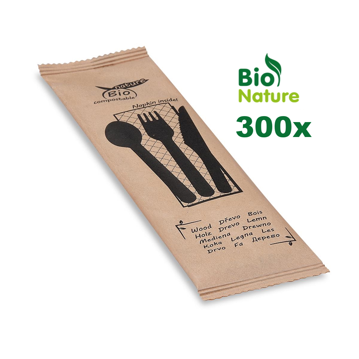 Besteckset aus Holz FSC 100% mit Serviette, Karton à 6 Packungen, 300 Sets