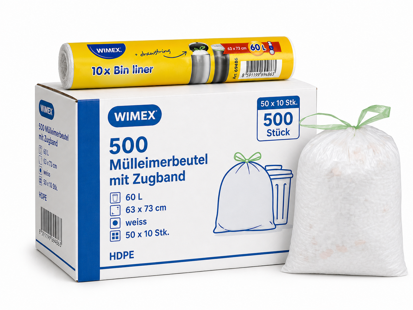 Mülleimerbeutel HDPE weiss 45 x 50 cm 18 L mit Zugband, Karton 800 Stück