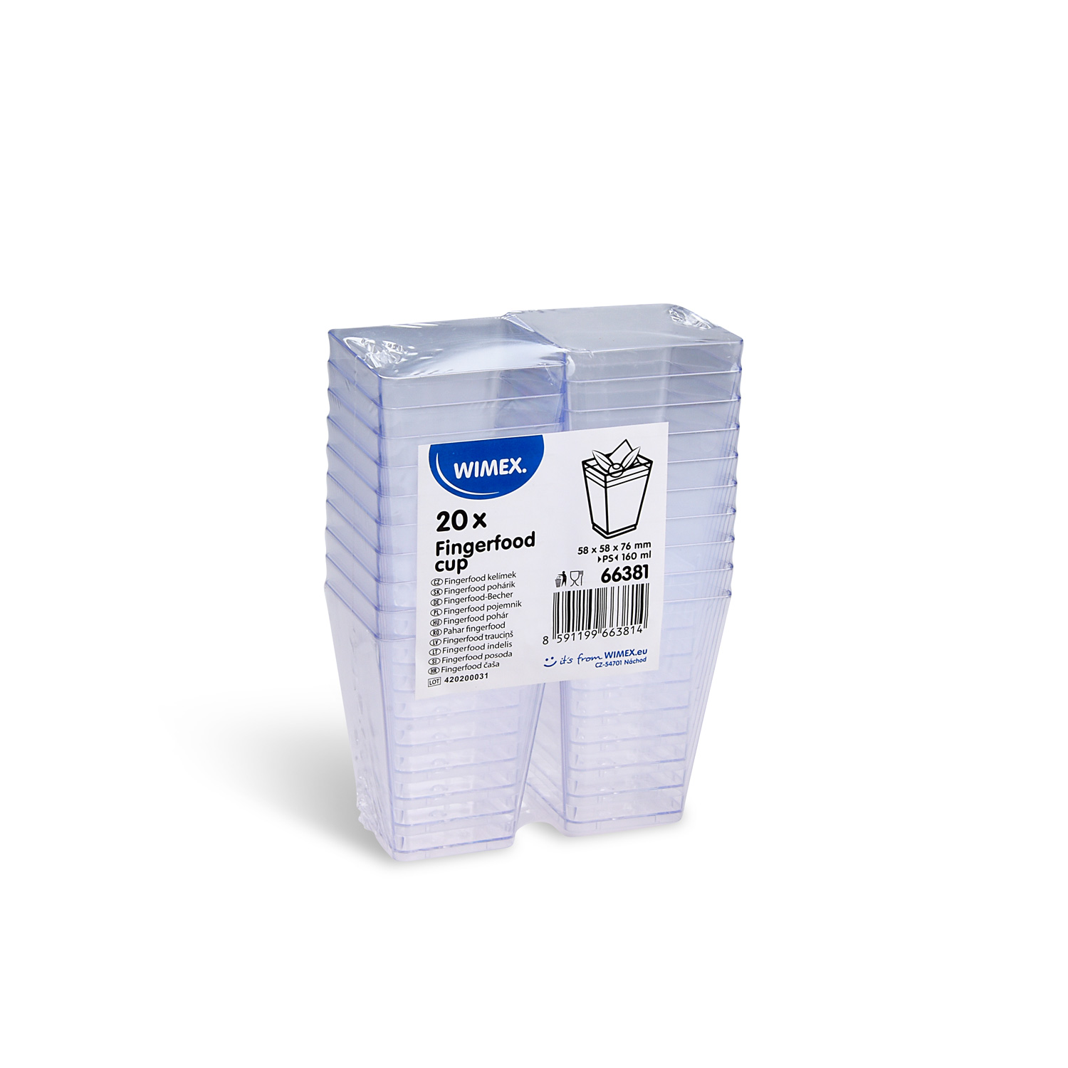Fingerfood-Becher PS glasklar eckig 160 ml 58 x 58 x 76 mm, Packung mit 20 Stück