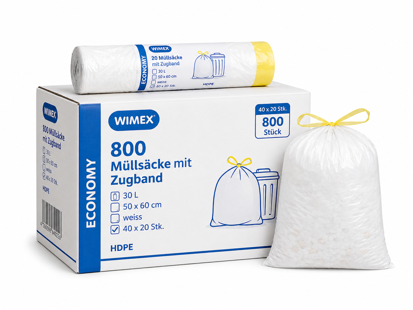 Mülleimerbeutel HDPE mit Zugband weiss 50 x 60 cm 30 L, Karton mit 800 Stück