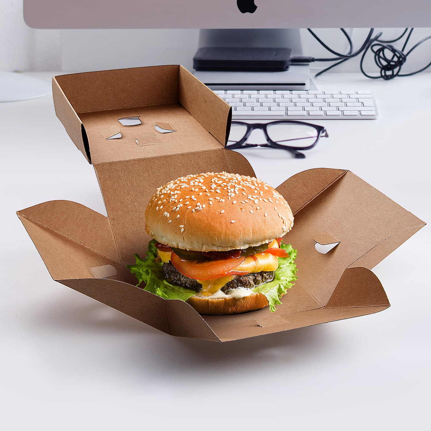 Burgerbox PAP FSC Mix kraft, faltbar, fettdicht, 120 x 120 x 100 mm, Packung mit 100 Stück