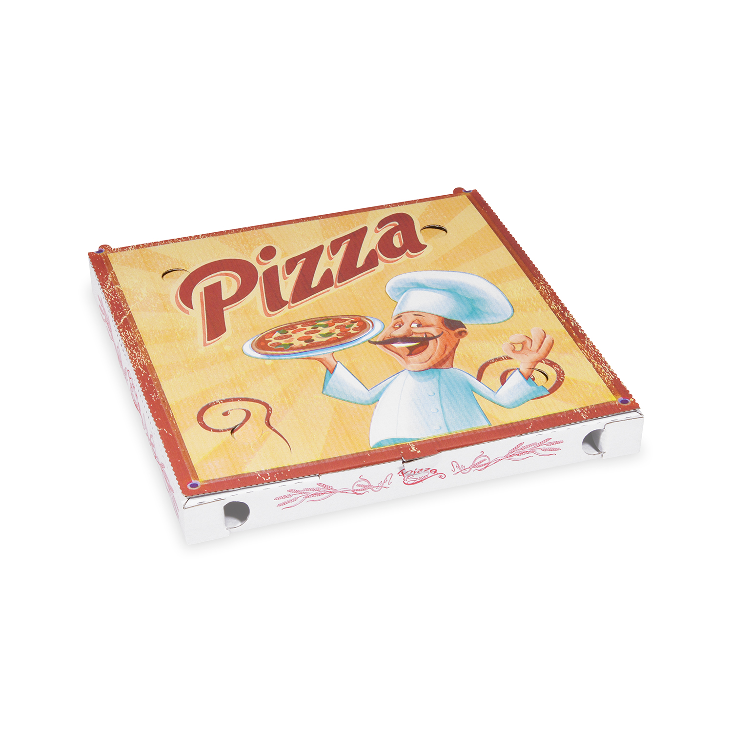 Pizzakarton aus Mikrowellpappe weiss bedruckt, 29,5 x 29,5 x 3 cm, Packung mit 100 Stück