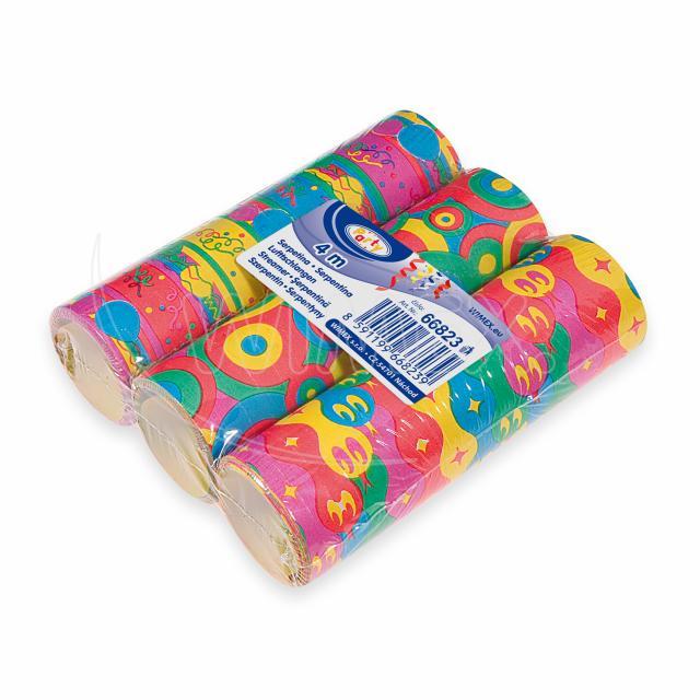 Luftschlange PAP mit sortierten Motiven, 7 mm x 4 m, Packung mit 3 Rollen