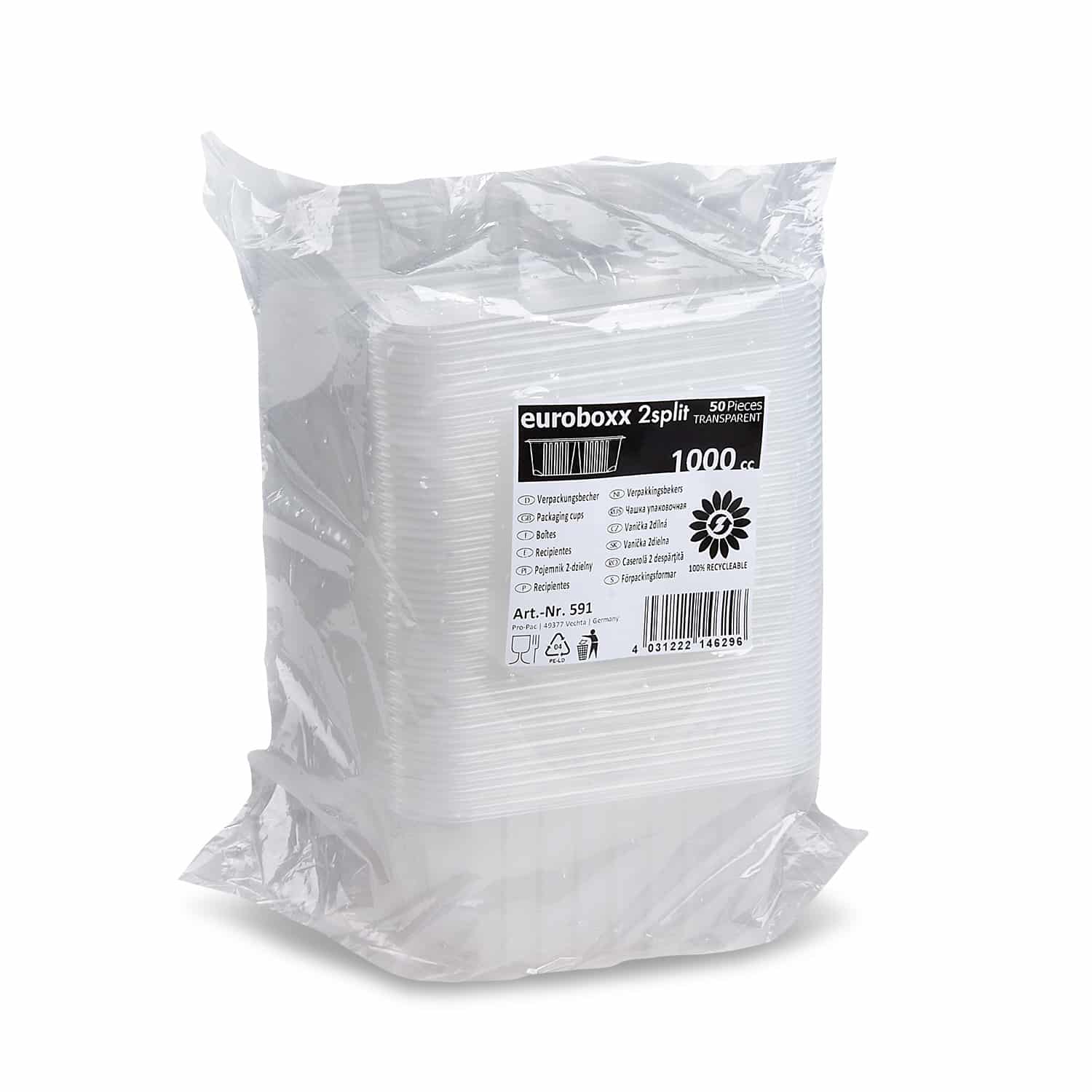 Rechteckschale aus PP klar 186 x 133 x 63 mm, 1000 ml, Packung mit 50 Stück