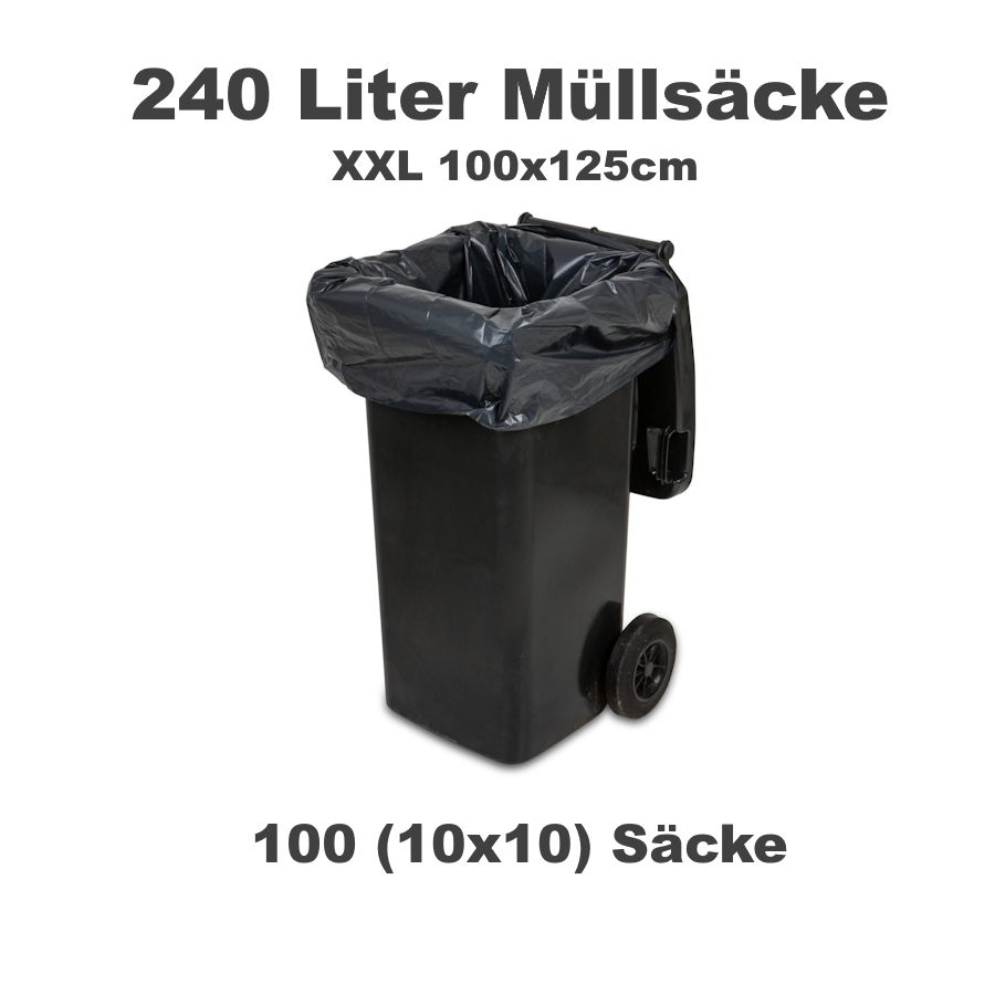 Müllsack LDPE schwarz 100 x 125 cm 240 l, Karton mit 10 Packungen à 10 Stück
