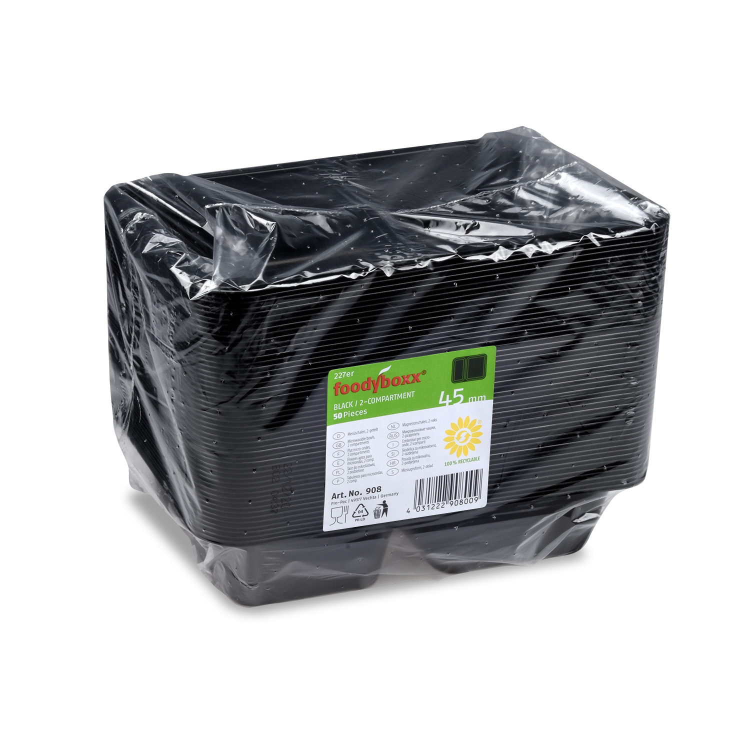 Menüschale PP schwarz, 2-geteilt, 227 x 178 x 49 mm, Packung mit 50 Stück