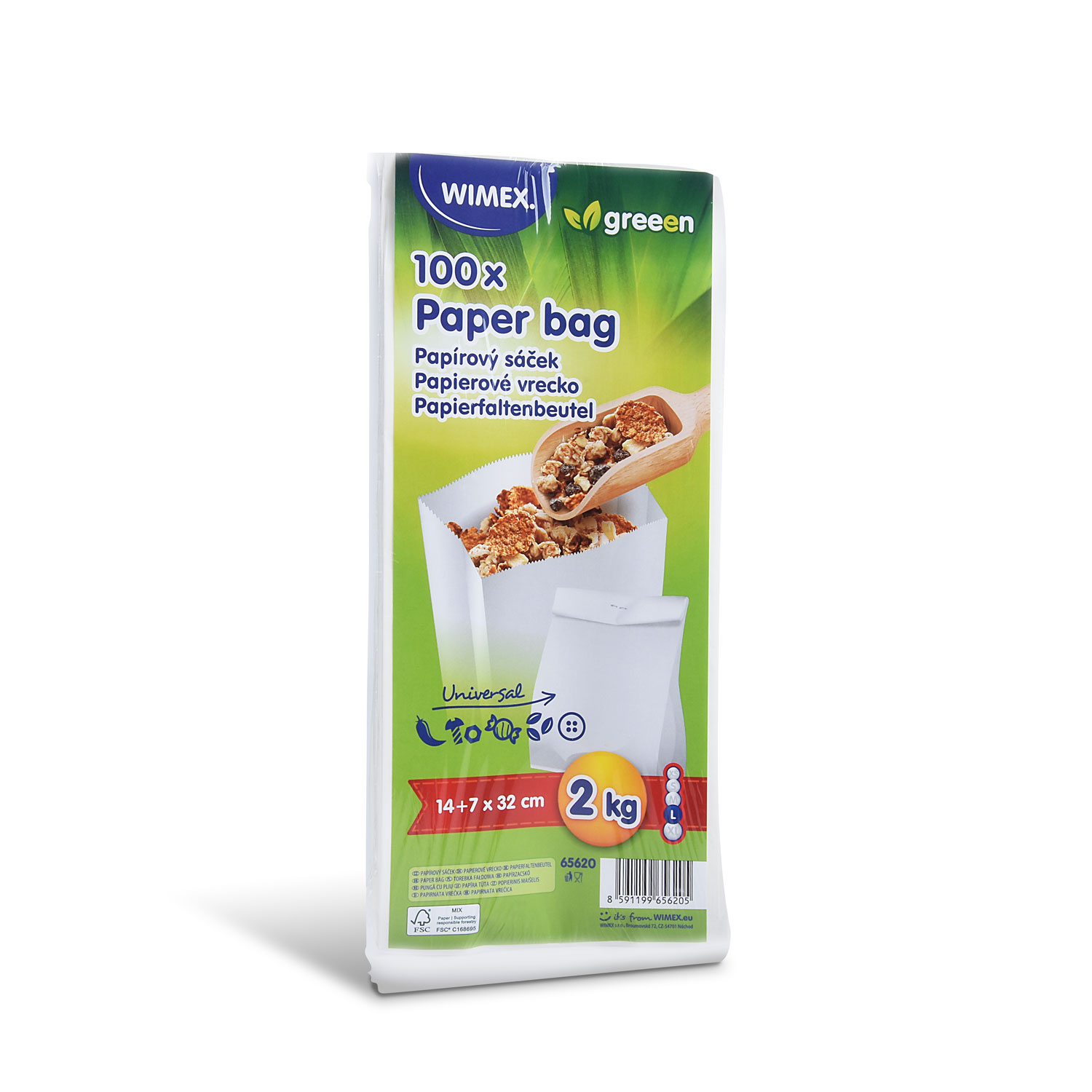 Papierfaltenbeutel aus Papier FSC Mix weiss 14+7 x 32 cm, Packung mit 100 Stück
