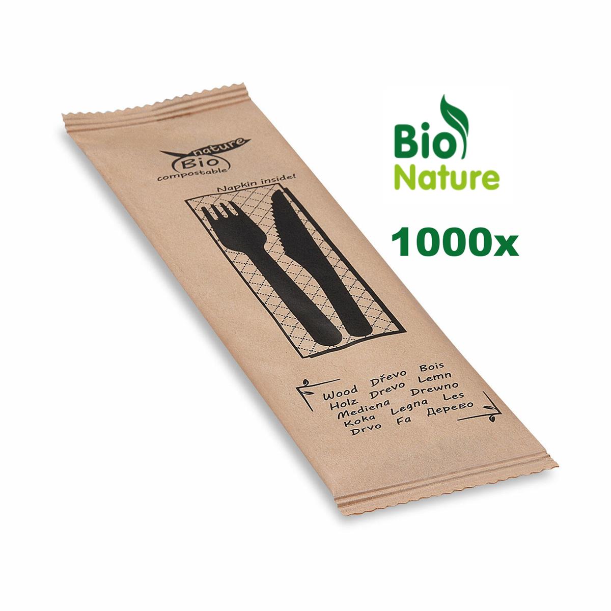 Besteckset Holz FSC 100% mit Serviette, Karton mit 360 Sets