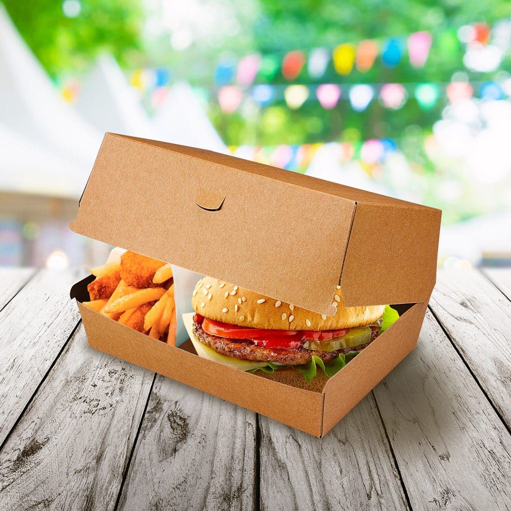 Burgerbox PAP FSC Mix Kraftoptik fettdicht, 195 x 135 x 100 mm, Packung mit 50 Stück