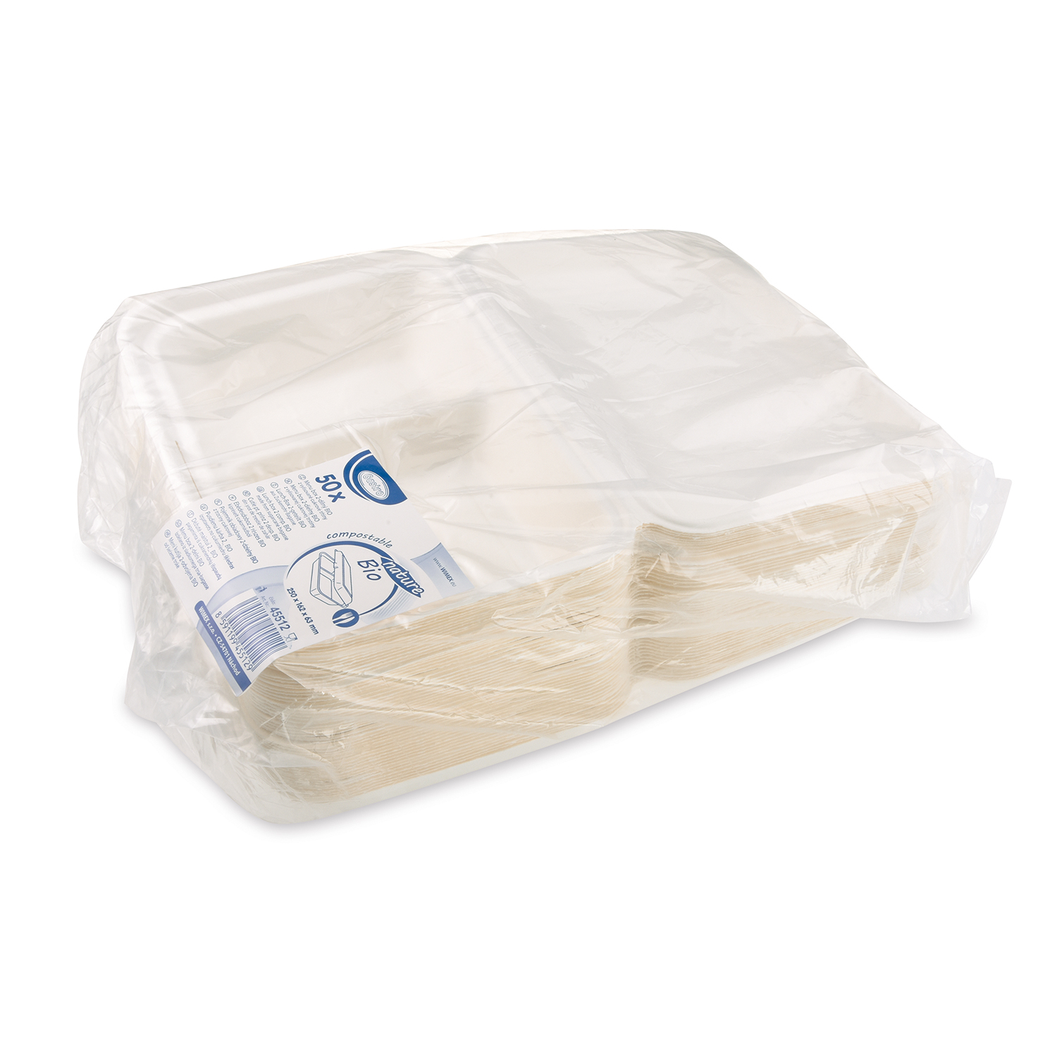 Lunch-Box aus Zuckerrohr-Bagasse, 2-geteilt, 620 ml, weiss, Packung mit 50 Stück