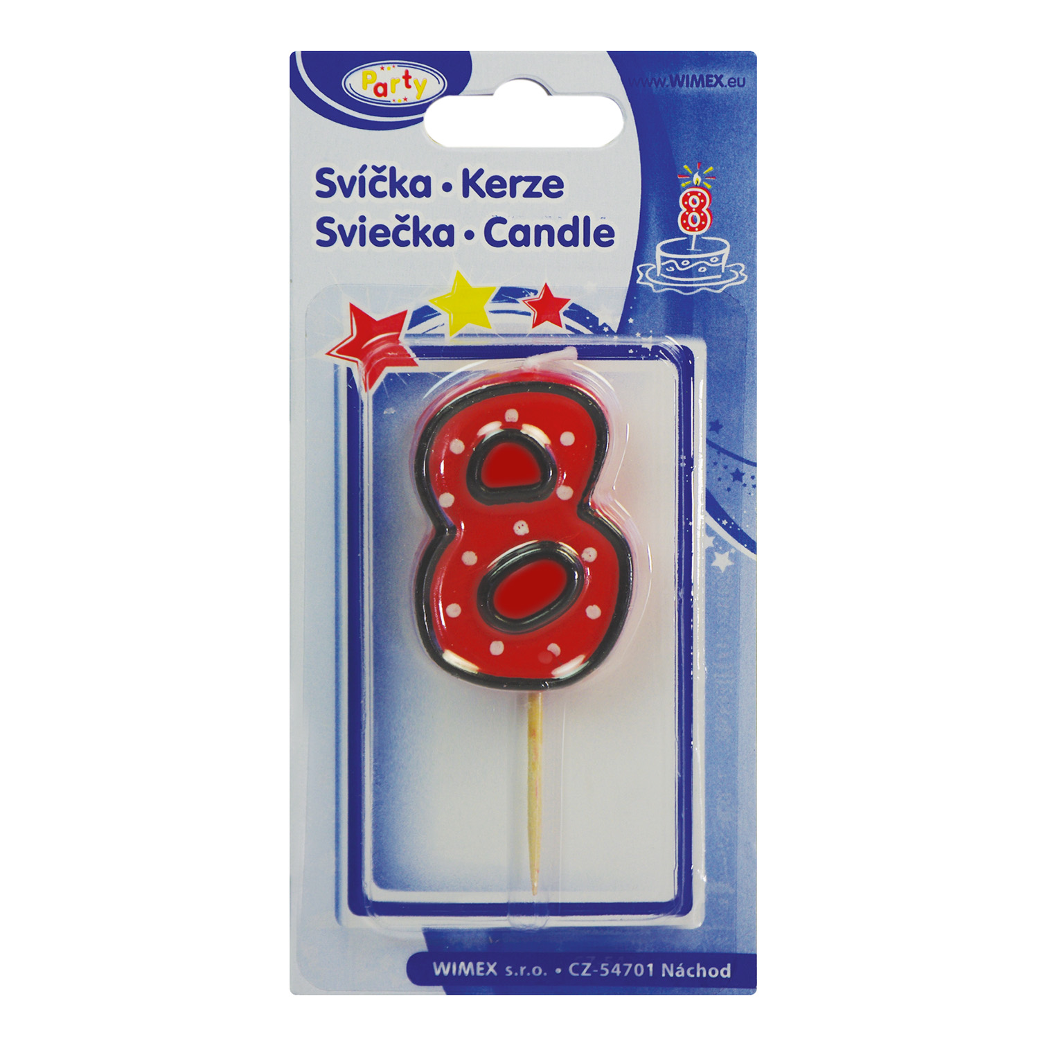 Zahlenkerze 8 aus Wachs auf Bambuspicker, 50 mm, Packung mit 1 Stück