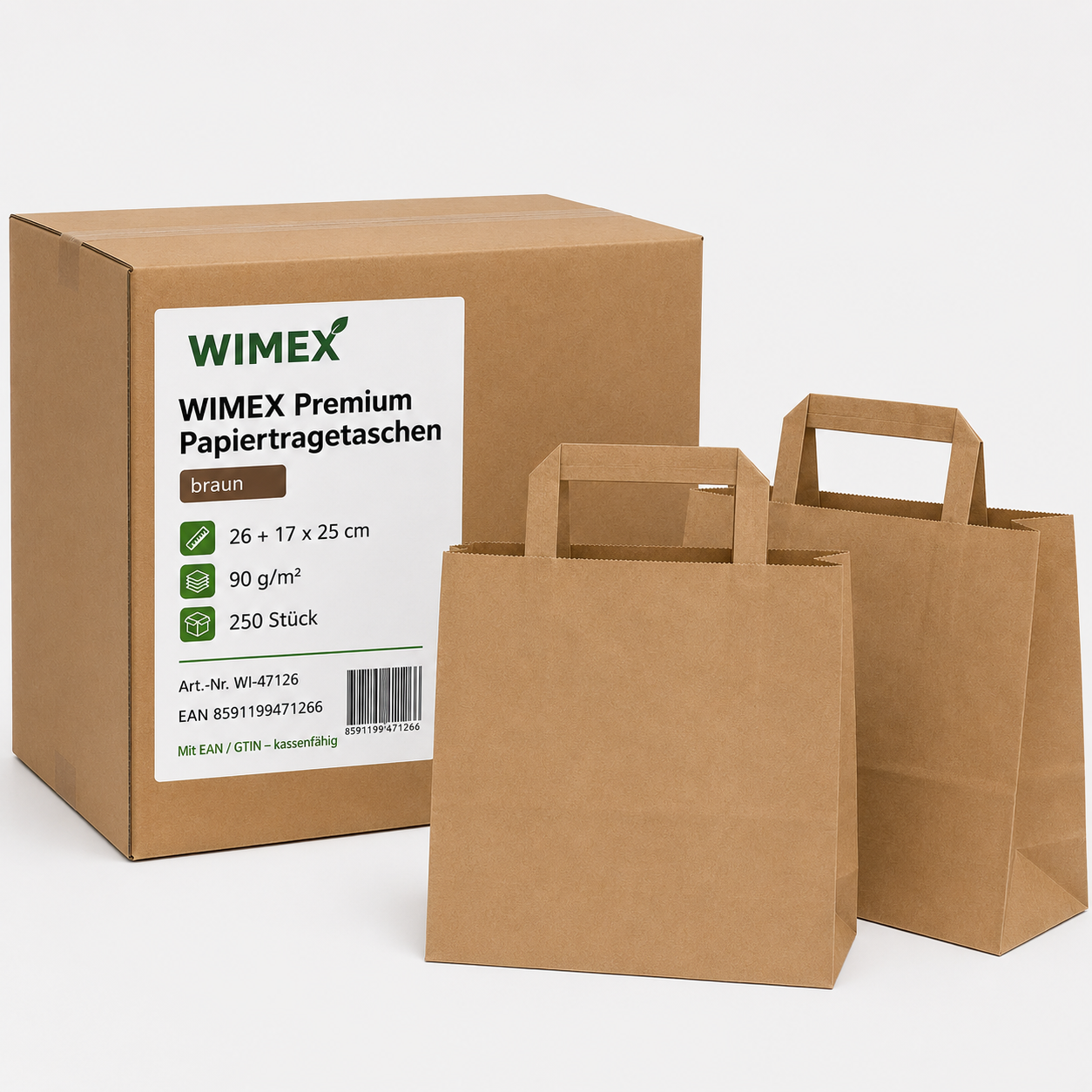 Papiertragetasche aus Papier braun 26+17 x 25 cm, Packung mit 250 Stück