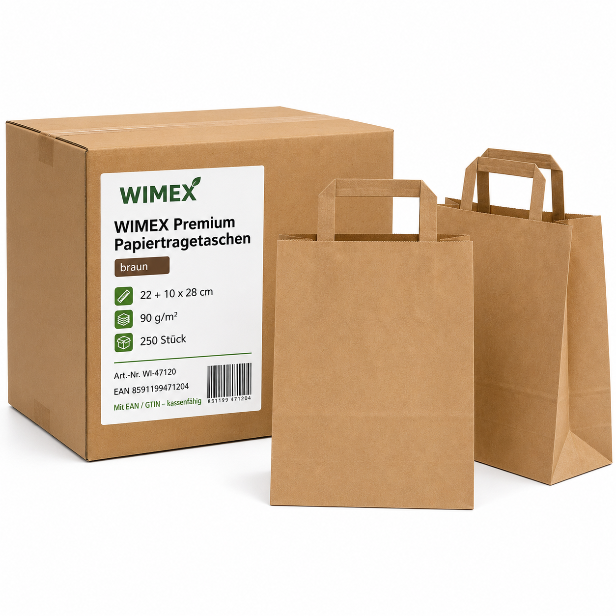 Papiertragetasche braun 22+10 x 28 cm, Packung mit 250 Stück