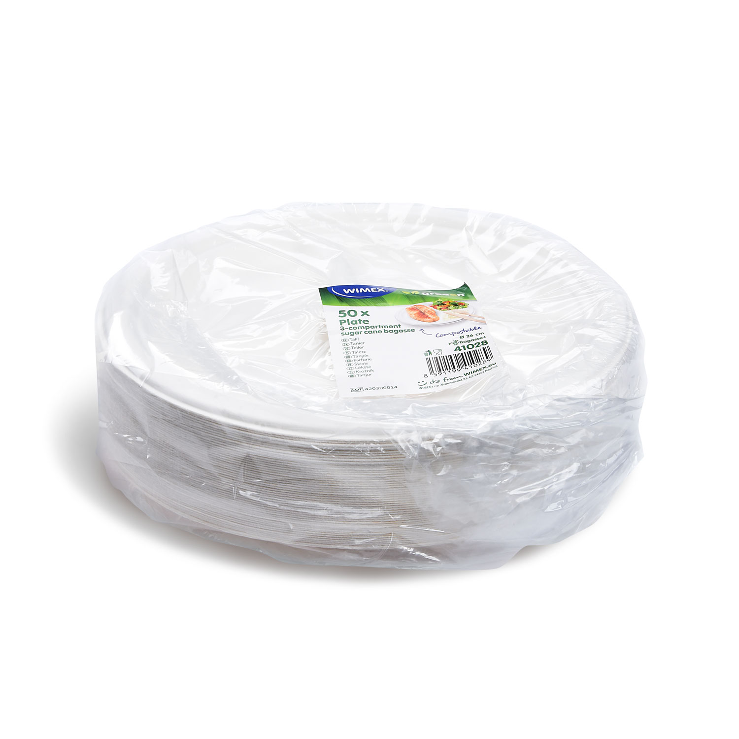 3-geteilter Teller aus Zuckerrohr-Bagasse, Ø 26 cm, Packung mit 50 Stück