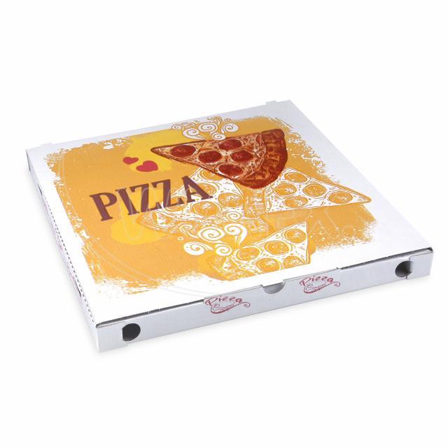 Pizzakarton aus PAP, 34,5 x 34,5 x 3 cm, weiss bedruckt, Packung mit 100 Stück