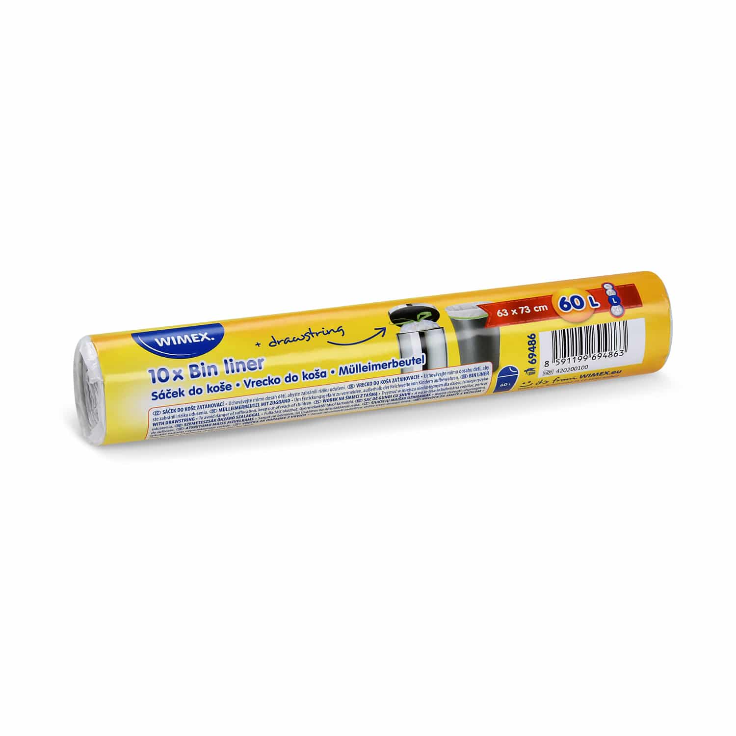 Mülleimerbeutel HDPE mit Zugband weiss, 63 x 73 cm, 60 l, Packung mit 10 Stück