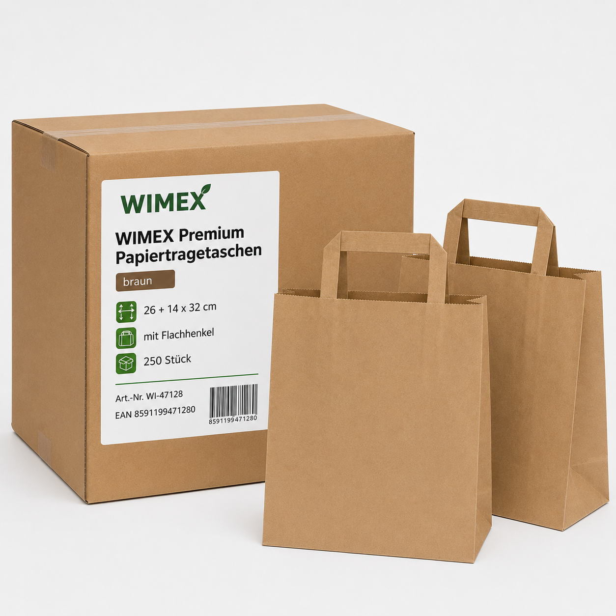 Papiertragetasche braun 26+14 x 32 cm, Packung mit 250 Stück