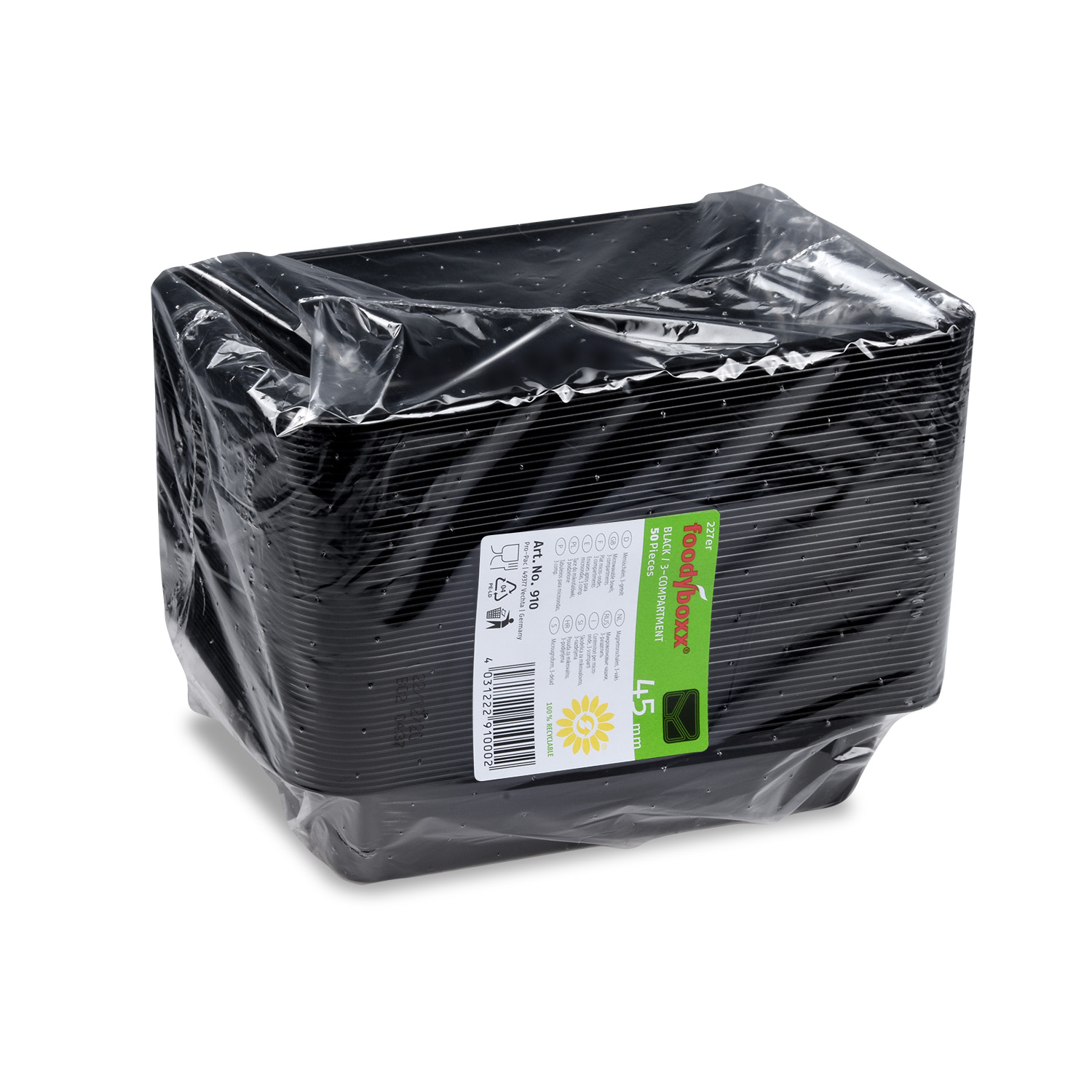 Menüschale PP 3-geteilt schwarz 227 x 178 x 49 mm, Packung mit 50 Stück