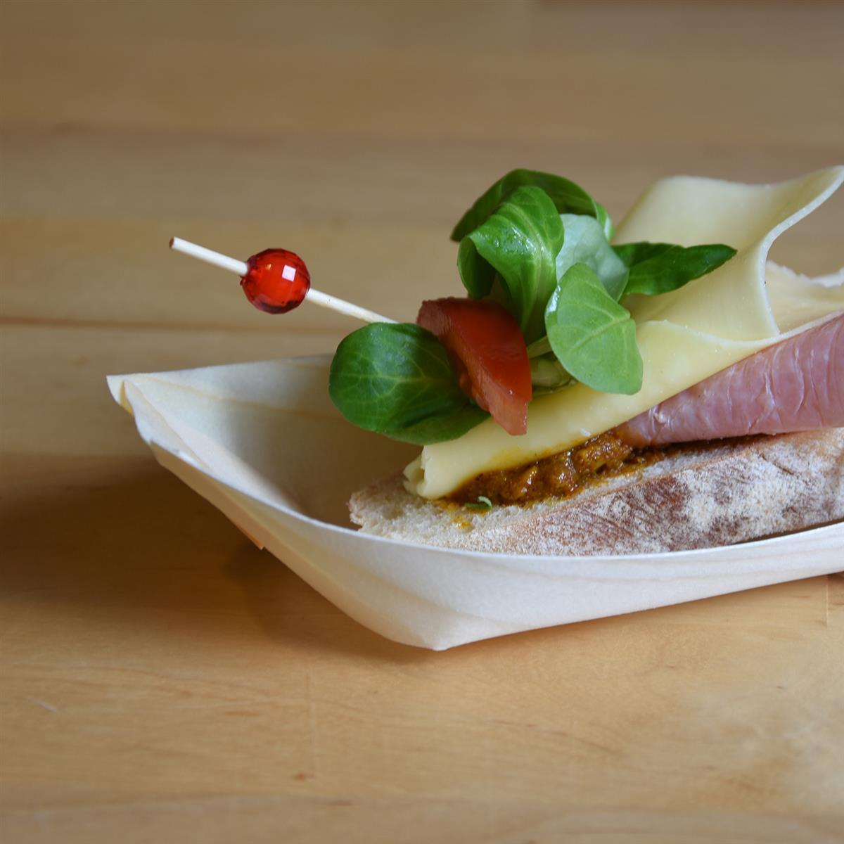 Fingerfood-Schale Holz FSC 100% Schiffchen 16,5 x 8,5 x 3,1 cm, Packung mit 100 Stück
