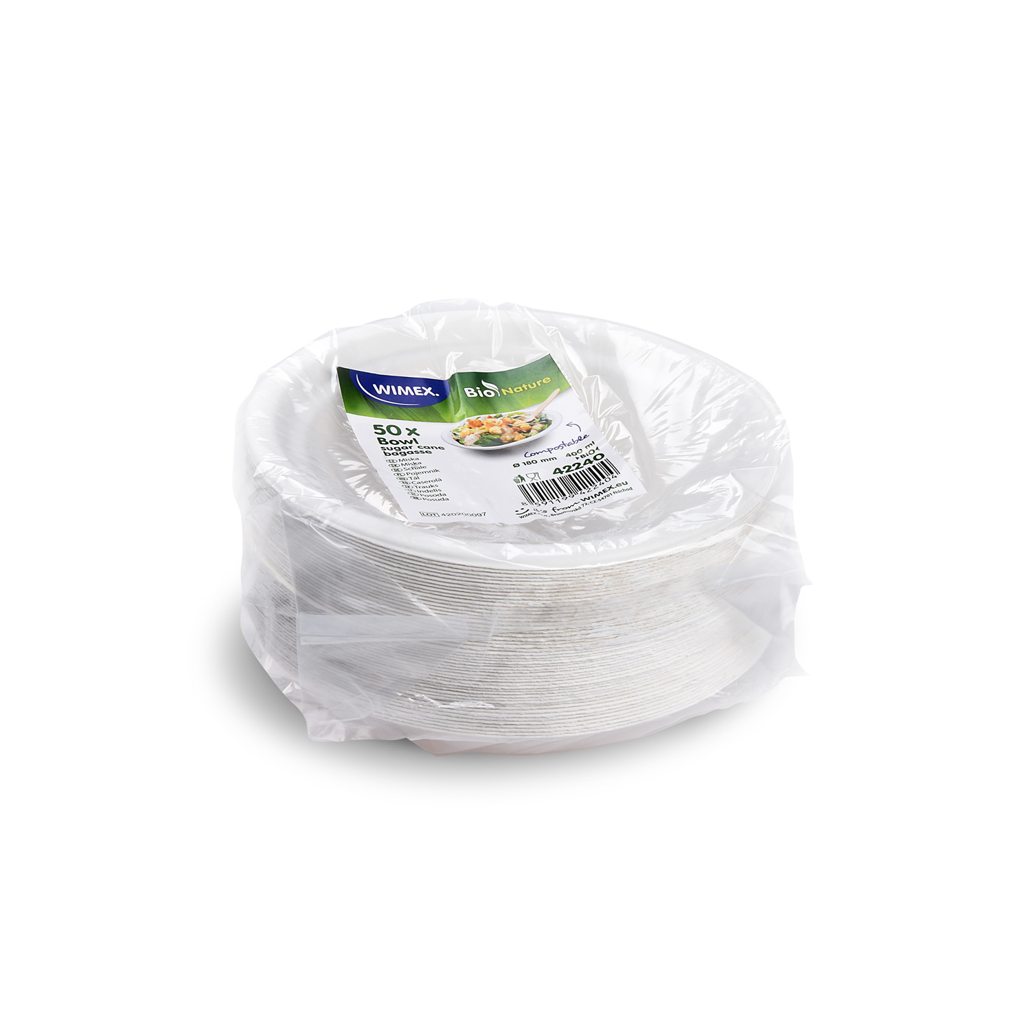 Schale aus Zuckerrohr-Bagasse Ø 180 mm 400 ml natur, Packung mit 50 Stück