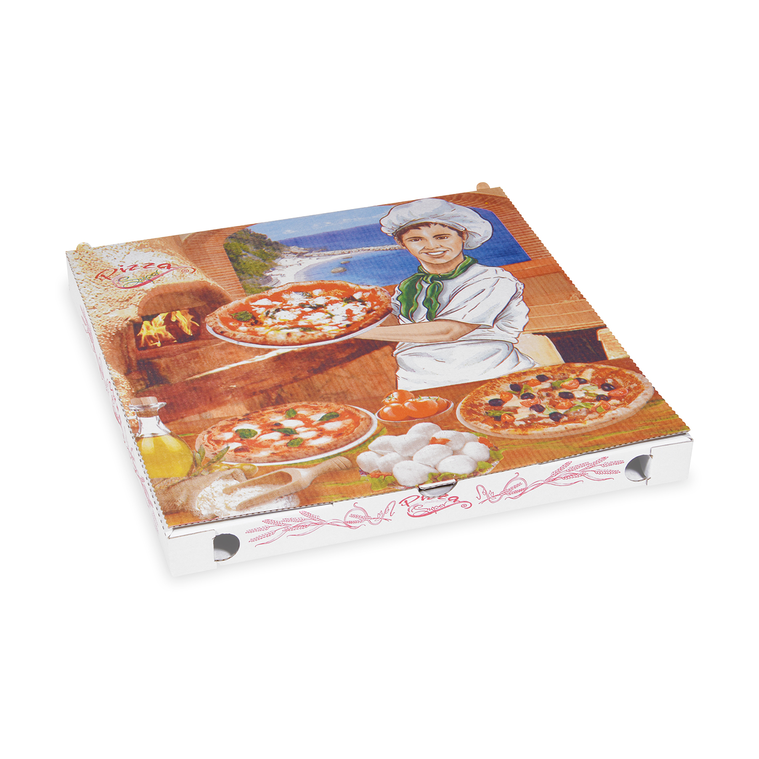 Pizzakarton aus Mikrowellpappe 32,5 x 32,5 x 3 cm weiss bedruckt, Packung mit 100 Stück