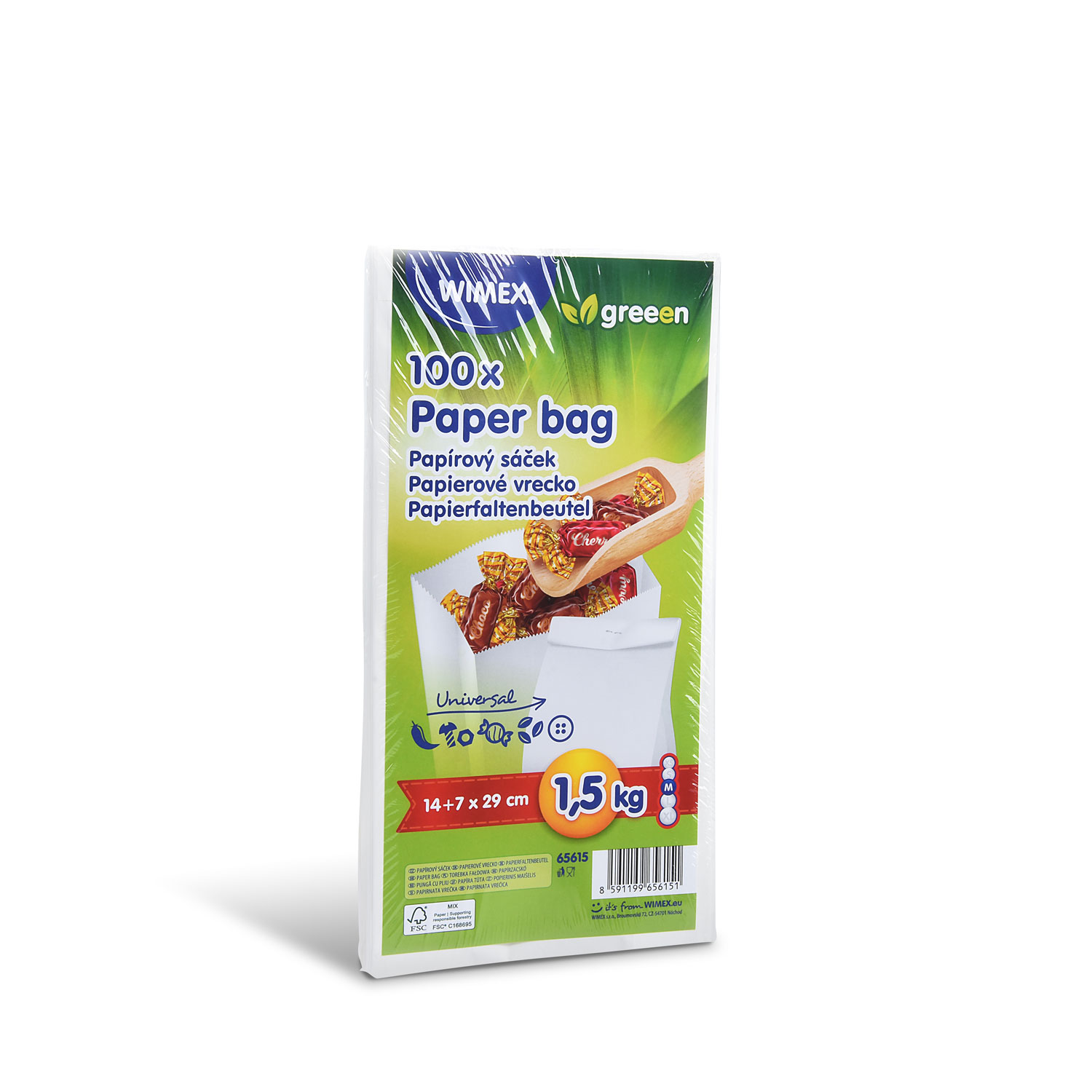 Papierfaltenbeutel aus Papier weiss 14+7 x 29 cm FSC Mix, Packung mit 100 Stück
